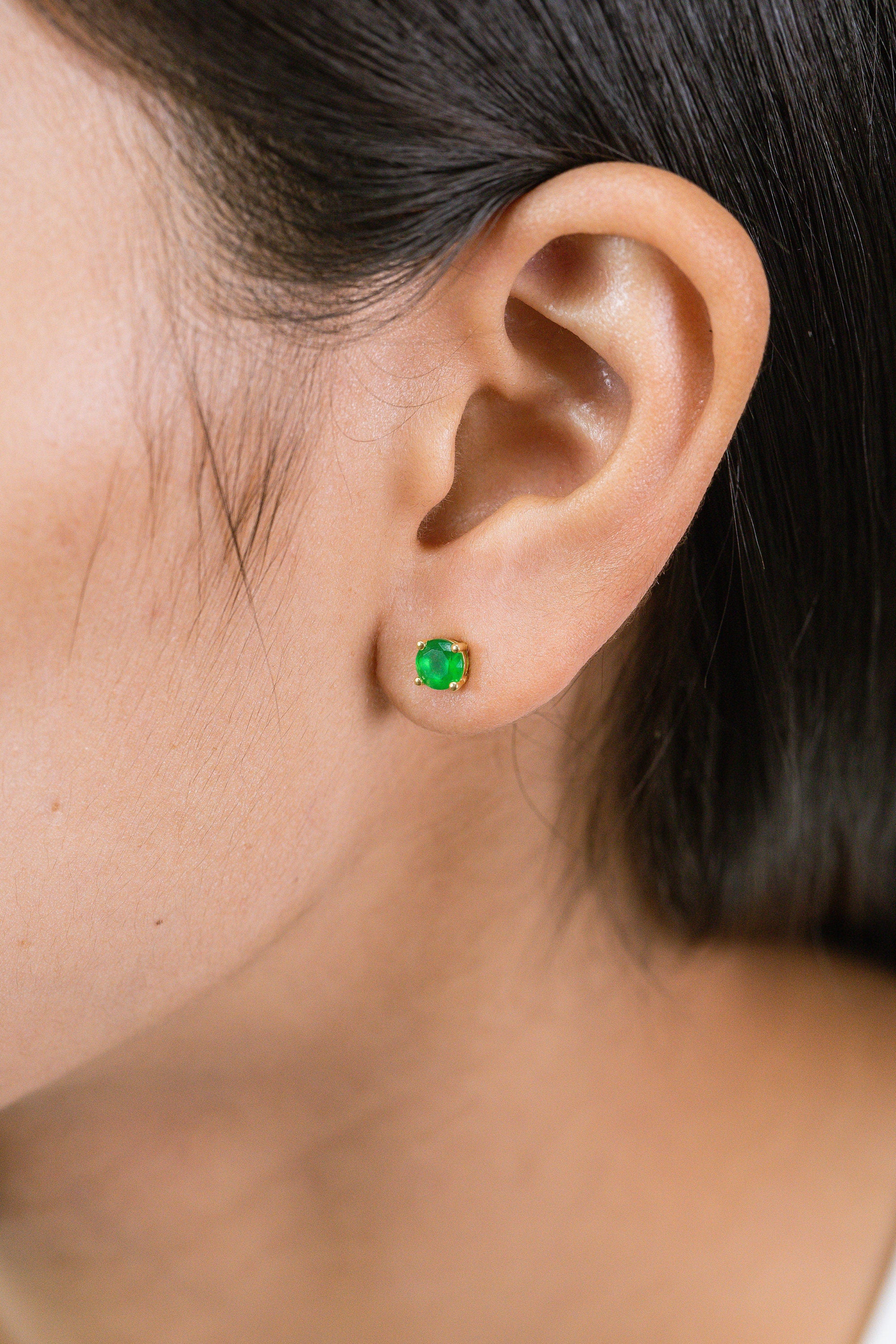 Four Prong Emerald Stud Earrings, May Birthstone Gifts, Starling Silver Emerald Solitaire Earring, Everyday Earrings